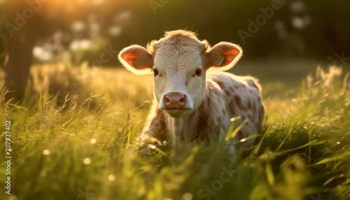 Cute cow grazing in green meadow, enjoying the fresh outdoors generated by AI