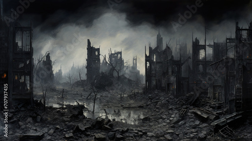 destroyed city after battle at war, demolished cityscape photo