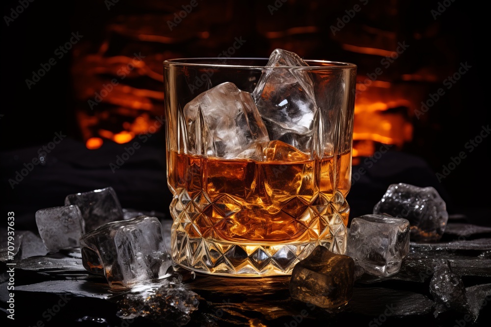 Icy Whiskey on the Rocks. Golden Elixir in a Glass, Perfect for Connoisseurs Seeking Refreshment