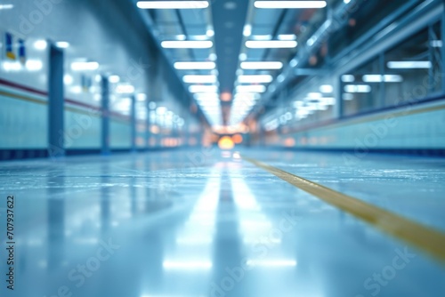 A picture of a long hallway with a yellow line on the floor. Suitable for architectural projects and transportation themes