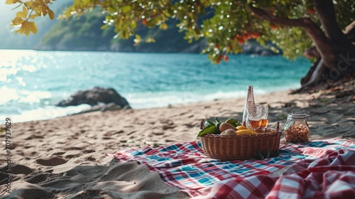 A picnic basket on a blanket on the beach. Perfect for outdoor dining or beach gatherings