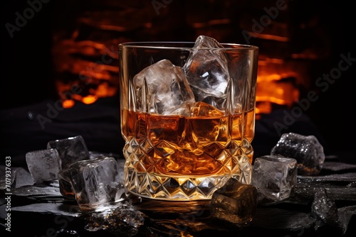 Icy Whiskey on the Rocks. Golden Elixir in a Glass, Perfect for Connoisseurs Seeking Refreshment