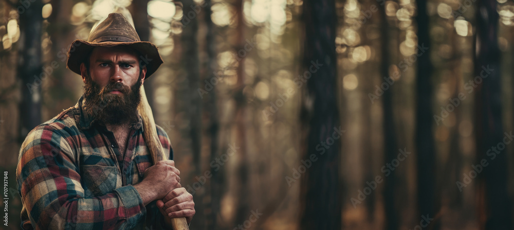 Obraz premium Beautiful woodcutter with an ax in the forest. Bearded handsome man