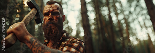 Beautiful woodcutter with an ax in the forest. Bearded handsome man