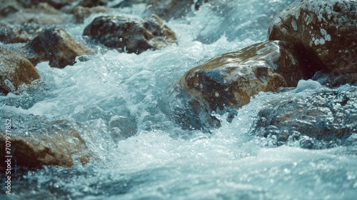 A detailed view of a river with smooth rocks and flowing water. Suitable for nature and landscape themes