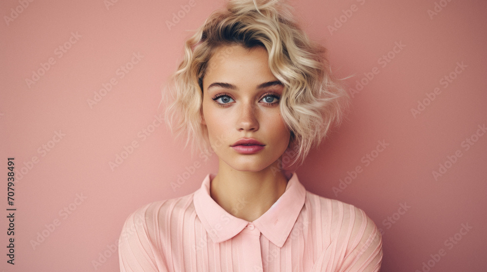 Portrait of beautiful blonde woman with curly hair looking at camera isolated on pink Portrait of beautiful blonde woman with curly hair looking at camera isolated on pink