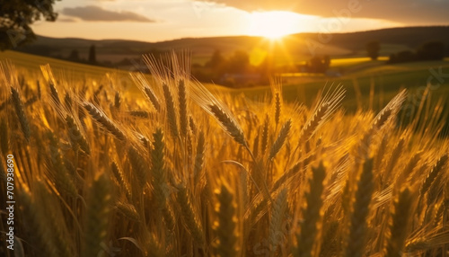 Sunset over a golden wheat field in the countryside generated by AI