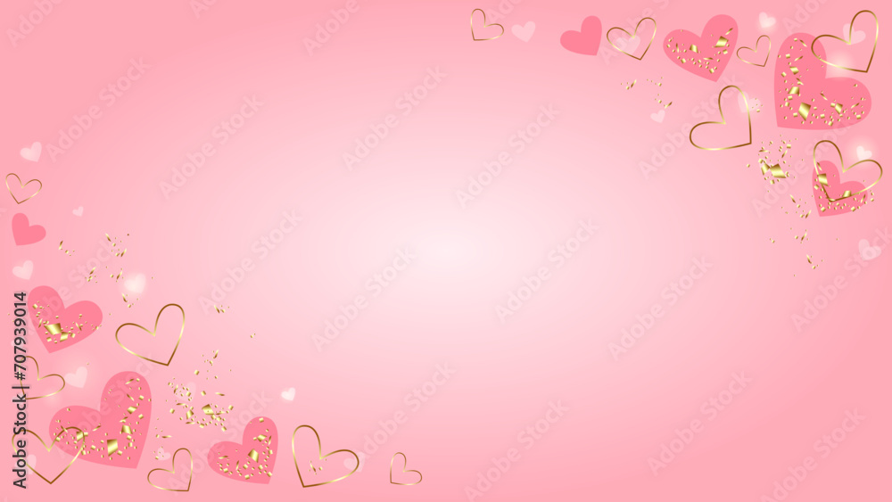 Valentine's day background. Gold and pink hearts, gold sequins on pink backdrop