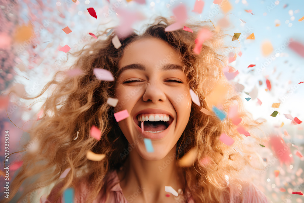 Happy young woman with blond with party confetti