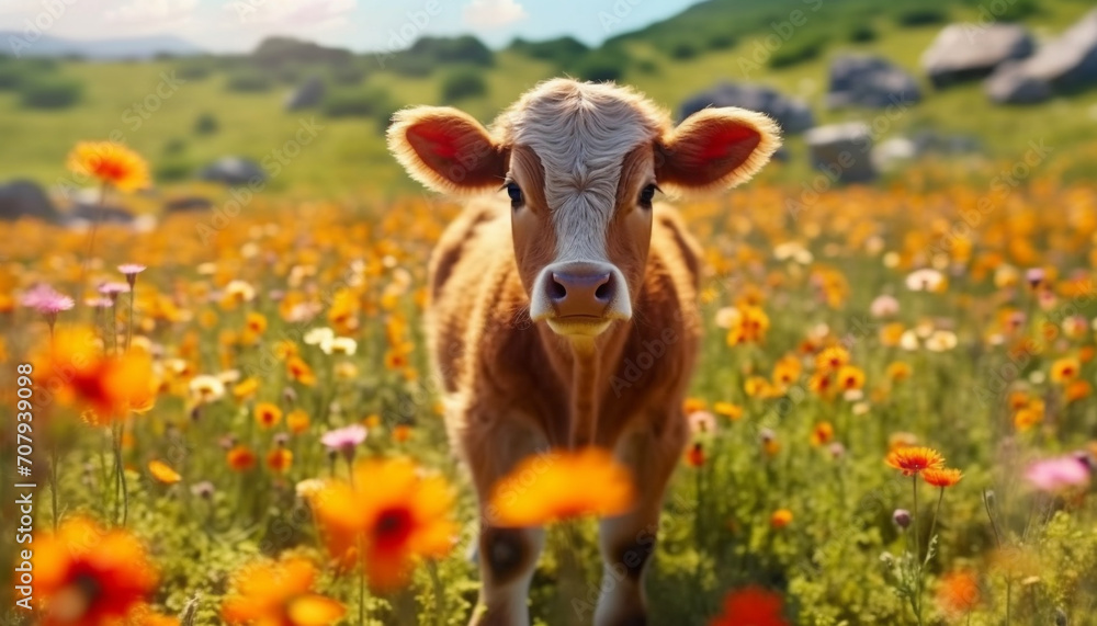 Cute cow grazing on green meadow, surrounded by beautiful wildflowers generated by AI