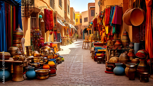 A bustling marketplace in Morocco, filled with vibrant textiles, spices, and crafts that embody the essence of Moroccan culture photo
