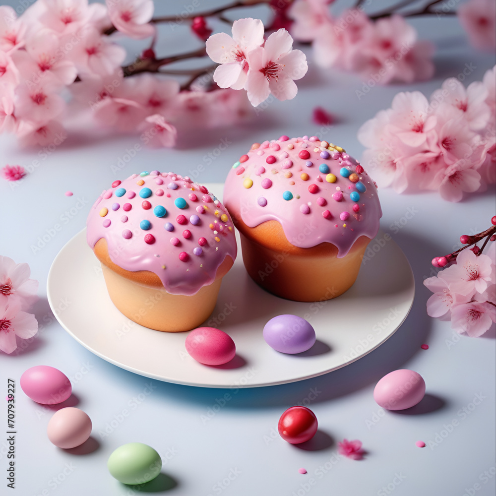 Traditional Easter pastries. Decorated Easter cakes, icing sugar cake decorated with marzipan eggs. Traditional Easter pastries. Traditional Easter pastries. Decorated Easter cakes, icing sugar cake decorated with marzipan eggs. Traditional Easter pastries.