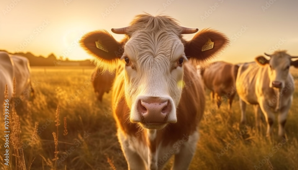 Cows graze peacefully in the meadow, under the golden sunset generated by AI