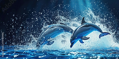 Two dolphins leaping out of the water. Ideal for aquatic animal themes and marine conservation campaigns