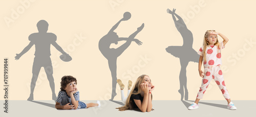 Collage. Innocence meets expertise. Little boy and girls and shadows of professional sportsmen on beige background. Concept of childhood, dreams, imagination, education, dreams and future