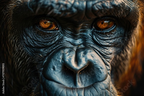A close-up view of a gorilla's face, highlighting its striking orange eyes. Perfect for wildlife enthusiasts and animal-themed projects © Fotograf