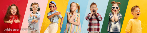 Banner. Collage made of portraits of positive and active kids, cheerful boys and girls posing against multicolored vivid background. Concept of carefree, joyful childhood, beauty and fashion.