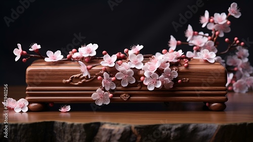 Still life with pink branch tropical flower with therapy stones 