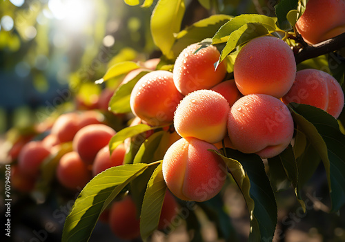 Ripe and juicy peaches hanging on tree. Healthy food. AI generated