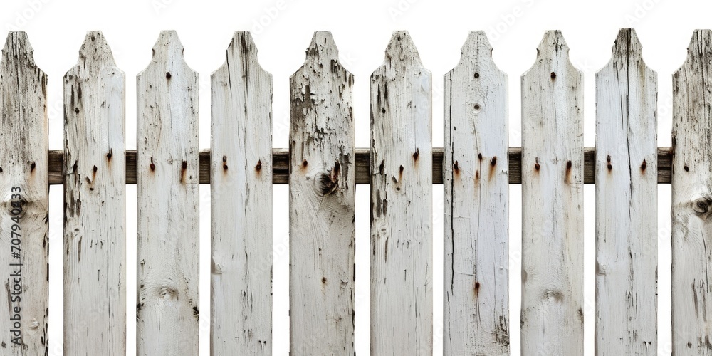A detailed view of a white wooden fence. This image can be used to depict a peaceful suburban or rural setting