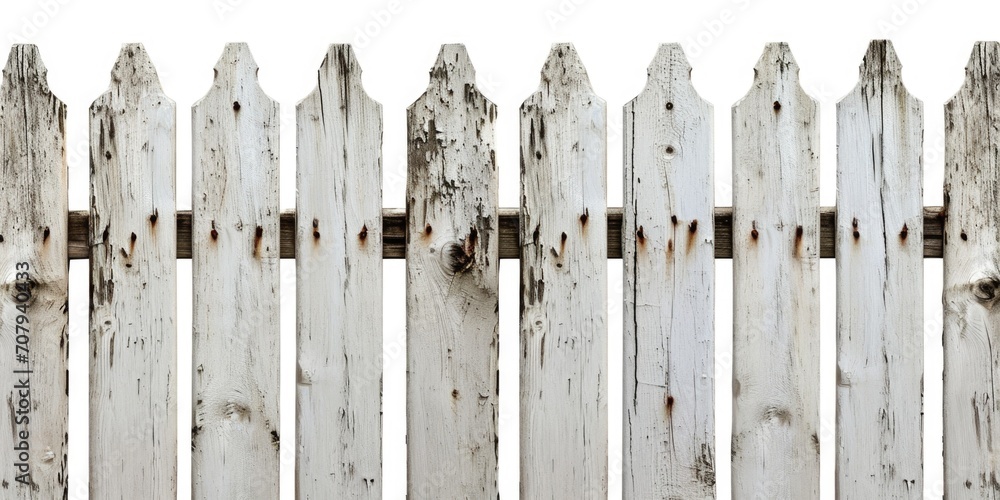 A detailed view of a white wooden fence. This image can be used to depict a peaceful suburban or rural setting A detailed view of a white wooden fence. This image can be used to depict a peaceful suburban or rural setting