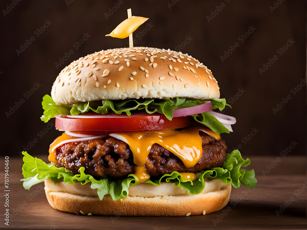 Close up delicious food, chicken hamburger on the table Very tasty on a black background Close up delicious food, chicken hamburger on the table Very tasty on a black background