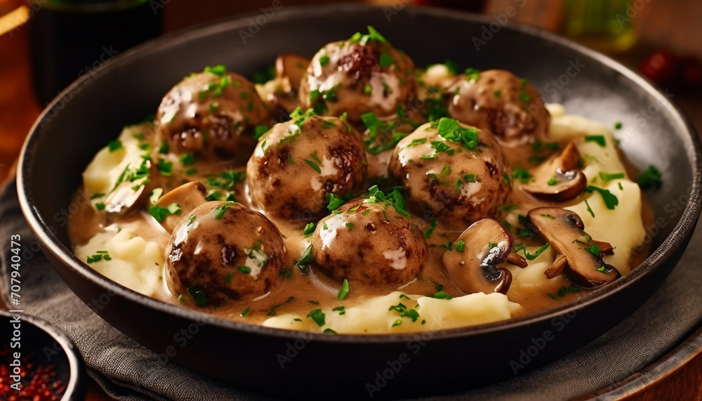 Freshly cooked gourmet meal with edible mushroom, parsley, and meat generated by AI Freshly cooked gourmet meal with edible mushroom, parsley, and meat generated by AI