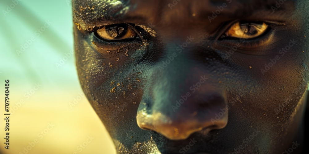 A close-up view of a person's face covered in dirt. This image can be used to depict a variety of concepts such as homelessness, poverty, hard work, or resilience A close-up view of a person's face covered in dirt. This image can be used to depict a variety of concepts such as homelessness, poverty, hard work, or resilience