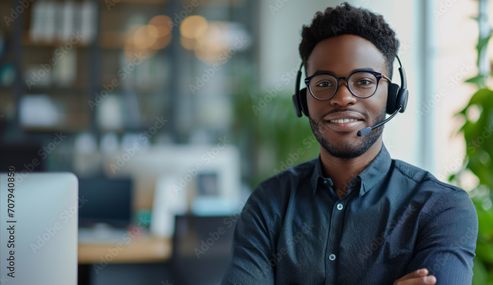 Fototapeta premium Portrait, call center and man consulting with headphones for customer service, help or telemarketing. Happy, confident and consultant agent talking with headset for support, sales or online advice