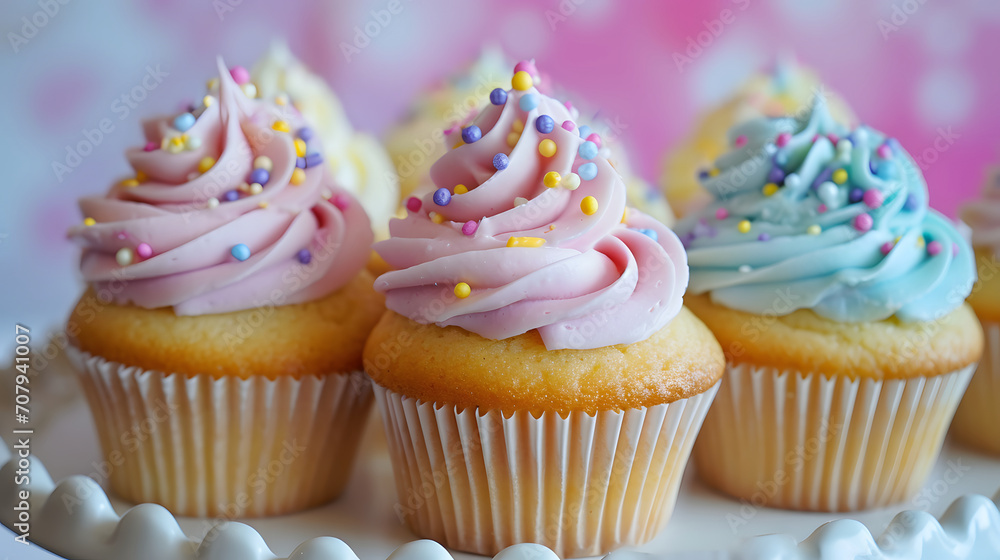 Colorful Frosted Cupcakes with Sprinkles on White Plate