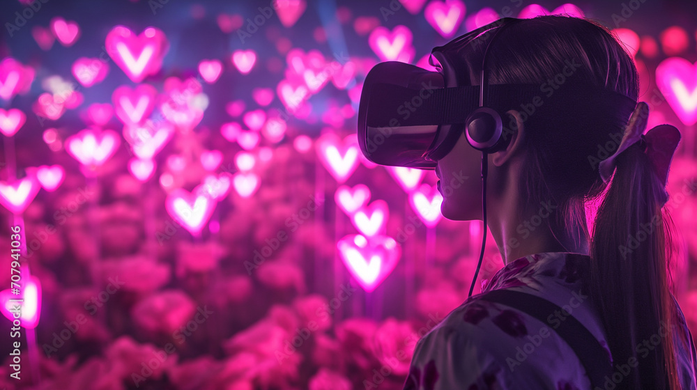 A girl in Valentines Day virtual reality A girl in Valentines Day virtual reality