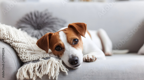 Relaxed Jack Russell Terrier Lying on Couch with Cozy Blanket