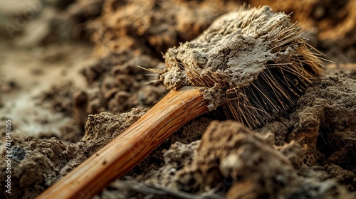 A close-up photograph of a bristle brush against a pile of earth-toned scrub