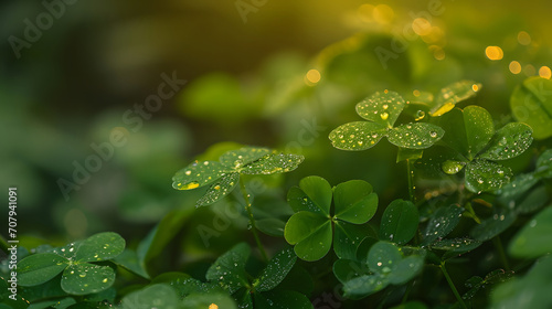 Fresh Dew Drops on Green Clover Leaves in Sunlight