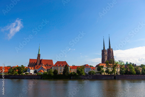Wroclaw, Poland. Cathedral of St. John the Baptist view over the Odra river on sunny day.