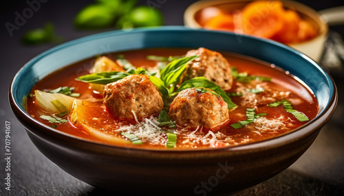 Homemade beef stew with meatballs, vegetables, and aromatic spices generated by AI