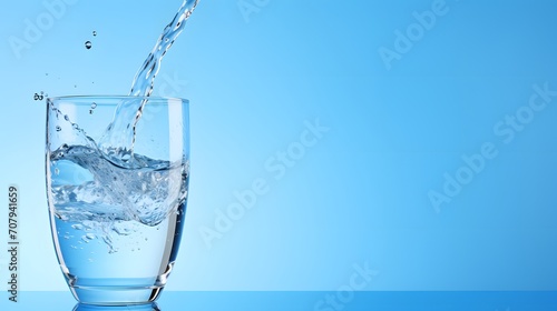 Fresh drinking water pouring into glass against blue background