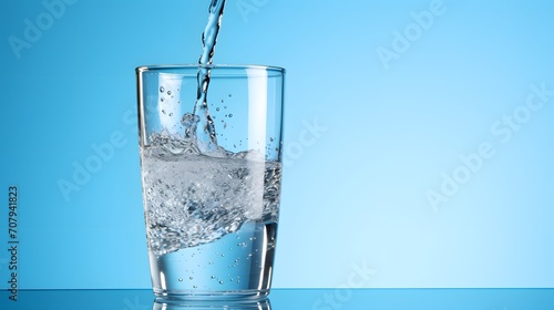 Fresh drinking water pouring into glass against blue background