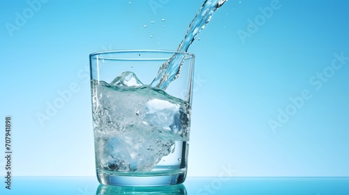 Fresh drinking water pouring into glass against blue background