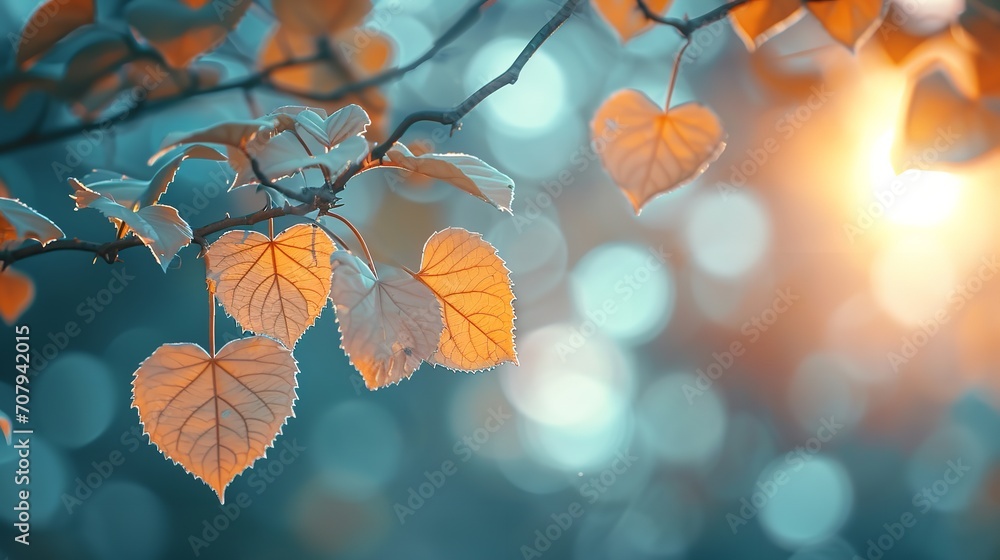 Bright illumination from the setting sun in a lively close-up of falling autumn leaves, Generative AI.
