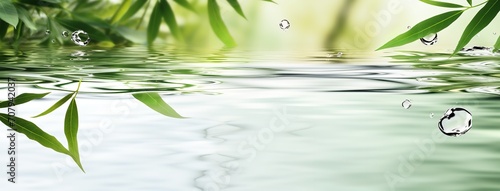 Budding bamboo leaves with an expanse of empty space over blue water, water drops, Generative AI.