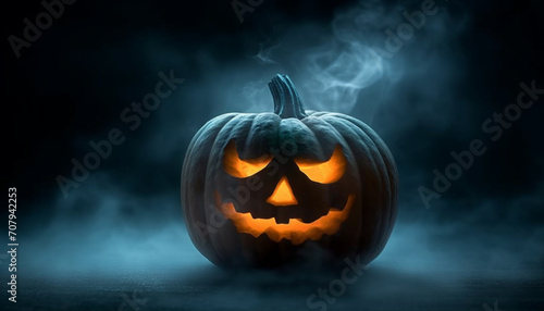 Spooky pumpkin glowing in the dark, Halloween celebration of horror generated by AI