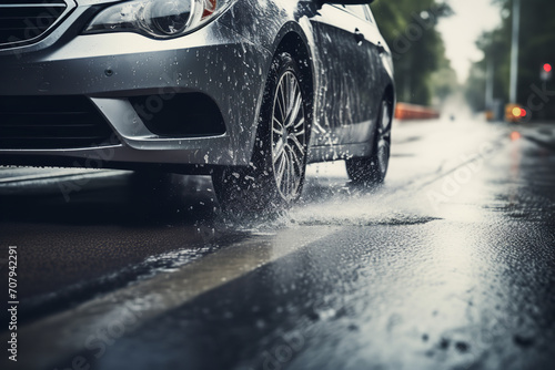 Car hydroplaning on a wet road in heavy rain - with visible skid marks and water spray - causing other drivers to slow down. photo