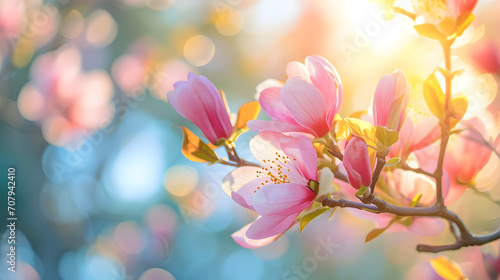 Sunlit Pink Magnolia Blossoms on Branch with Dreamy Bokeh Background