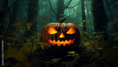 Spooky pumpkin glows in the dark, evoking Halloween horror generated by AI © Jeronimo Ramos