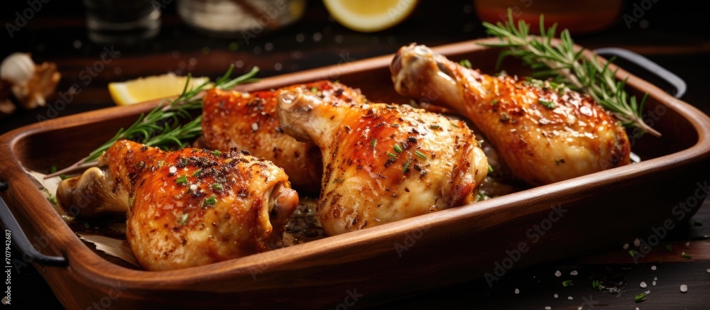 Healthy meal featuring baked chicken legs in close-up. Healthy meal featuring baked chicken legs in close-up.