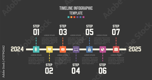 Infographic template for business. 7 Steps Modern Timeline diagram with roadmap and circle topic charts presentation vector infographic