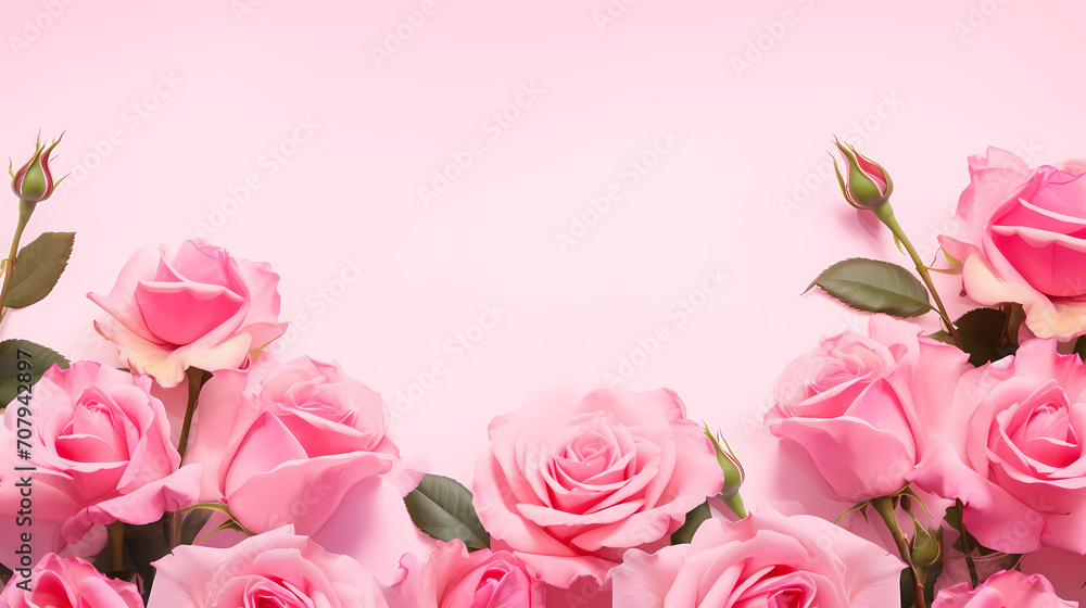Pink rose composition background, decorative flower background pattern, floral border background Pink rose composition background, decorative flower background pattern, floral border background