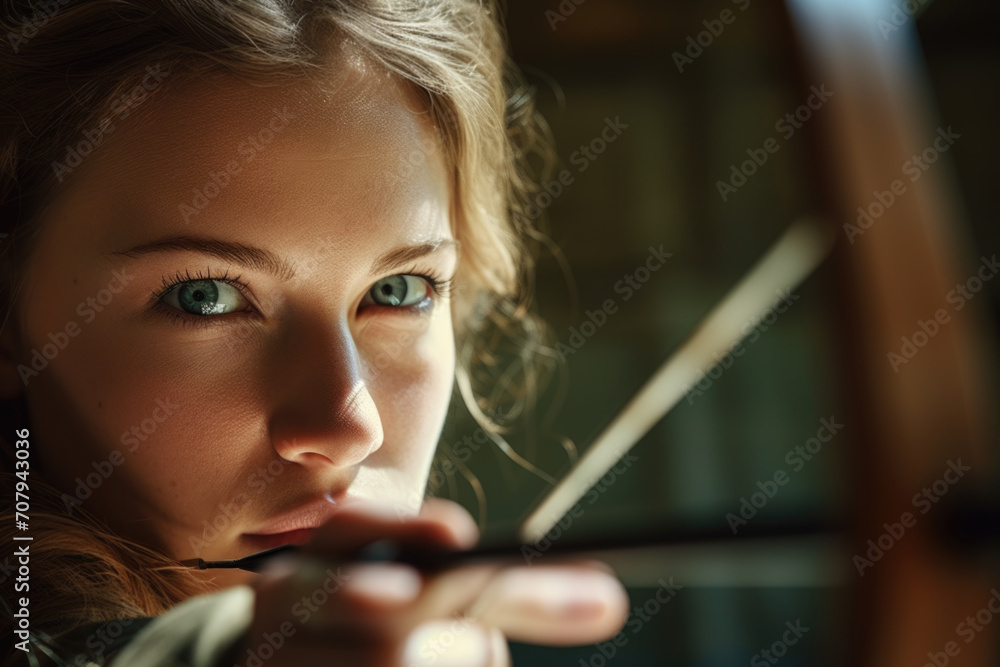 Focused archer aligns her sight with intense concentration. Focused archer aligns her sight with intense concentration.