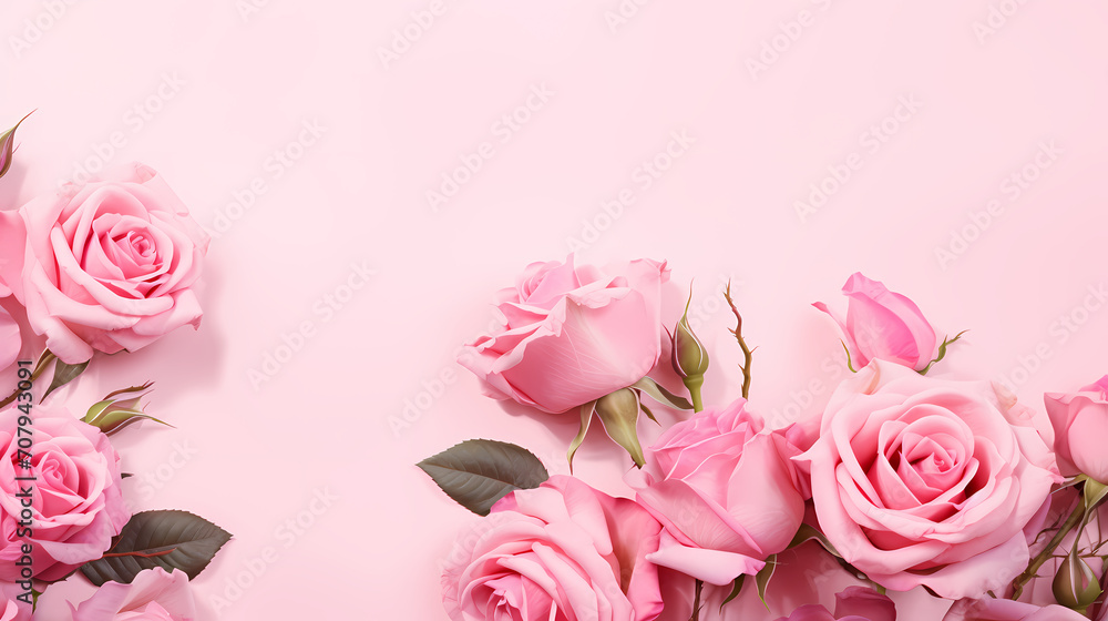 Pink rose composition background, decorative flower background pattern, floral border background Pink rose composition background, decorative flower background pattern, floral border background